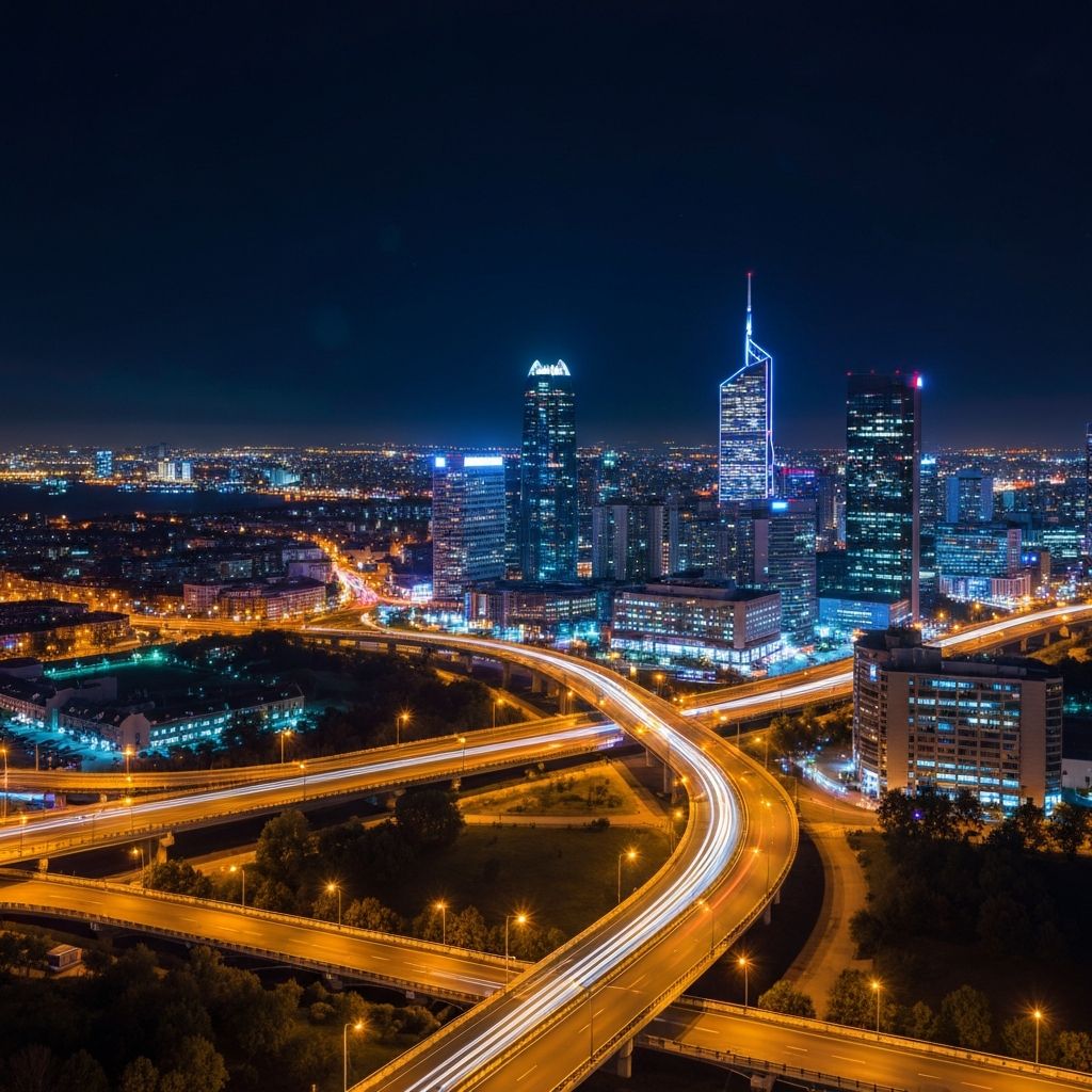 Vista aérea nocturna de ciudad inteligente con capa de datos